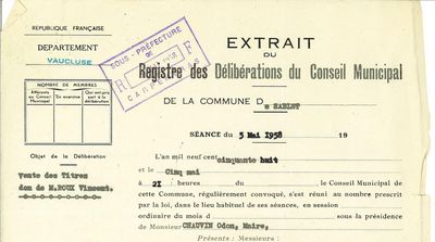 Délibération du Conseil municipal de Sablet, 7 novembre 1959 (collection particulière)