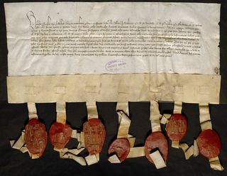 Attestation des cardinaux sur la légitimité de l’élection de Clément VII. Plusieurs sceaux en cire rouge. 8 mars 1379 - Agrandir l'image, .JPG 2 Mo (fenêtre modale)