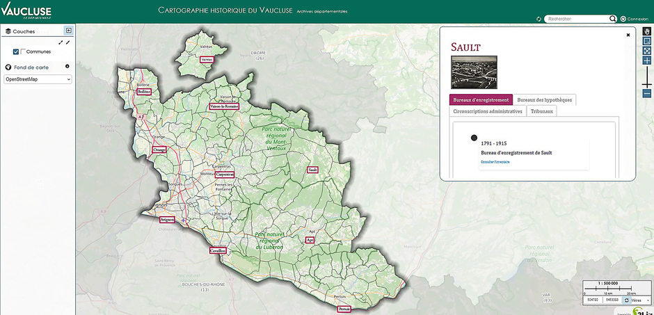 Carte du Vaucluse avec une fenêtre pop-up ouverte sur la commune de Sault