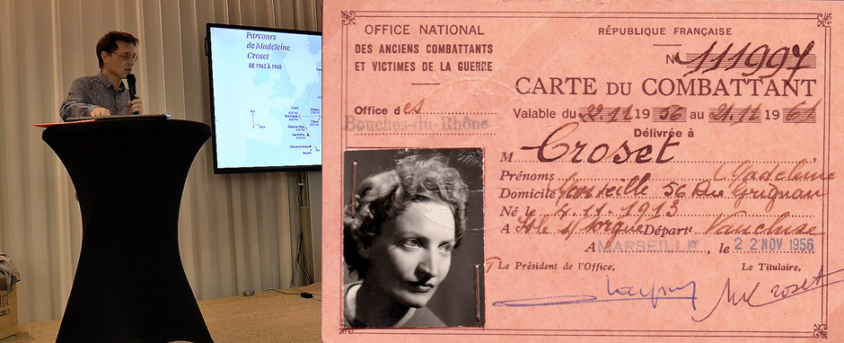 A gauche, prise de parole de Philippe Laborie devant un pupitre ; à droite, carte du combattant de couleur rose de Madeleine Croset avec photo d'identité façon studio Harcourt
