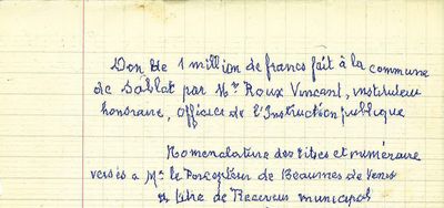 Document rédigé par Vincent Roux sur le don d'un million de francs à la commune de Sablet, mai 1958 (collection particulière)