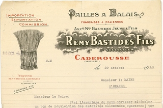 En-tête en bichromie des des établissements Rémy Bastides fils, négociant en pailles à balais, une botte de blé en haut à gauche figure l'activité - Agrandir l'image (fenêtre modale)