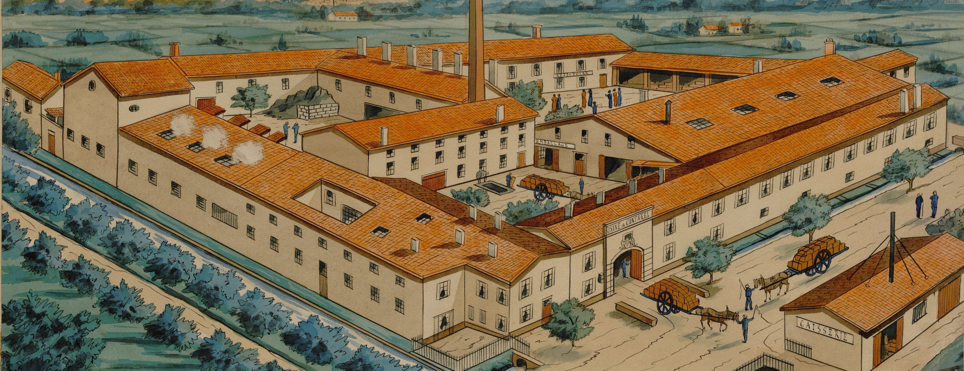 Détail d'une vue aérienne illustrée des bâtiments de l'usine de réglisses Florent