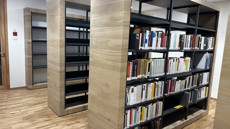 Rayonnages bois et métal d'une bibliothèque ; le sol est un parquet bois