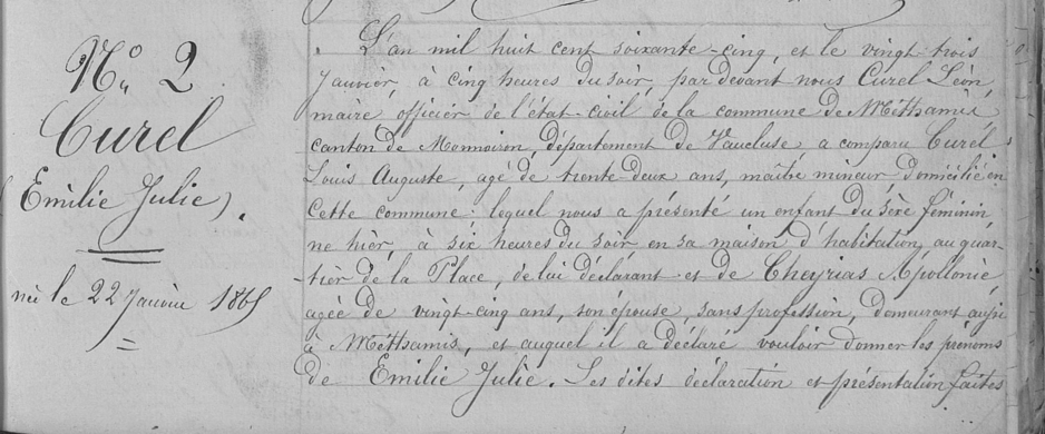 Extrait des registres d'actes de naissance de Méthamis, 1865 (AD Vaucluse 1 E 075 / 010)