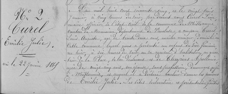 Extrait des registres d'actes de naissance de Méthamis, 1865 (AD Vaucluse 1 E 075 / 010)