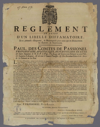 Placard imprimé portant en titre Règlement et aux armes d'un vice-légat - Agrandir l'image (fenêtre modale)