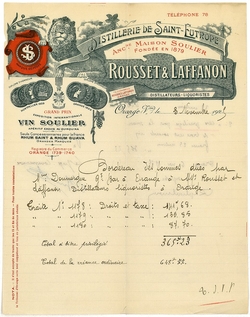 Bordereau de sommes dues à la distillerie Saint-Eutrope de la maison Rousset et Laffanon à Orange en 1925 (anciennement Maison Soulier) ; sur l'en-tête richement décoré figurent un lion dont la patte droite repose sur un monogramme "SL" ; au dessous, des récompenses gagnées par la distillerie - Agrandir l'image (fenêtre modale)