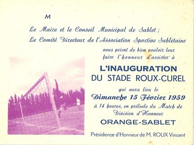 Carte d'invitation à l'inauguration du stade Roux-Curel, 1959 (collection particulière) - Agrandir l'image, .JPG 483 Ko (fenêtre modale)