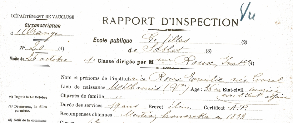 Rapport d'inspection d'Émilie Curel, 26 octobre 1901 (AD Vaucluse 1 T 327)
