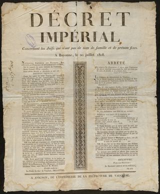 Décret impérial pour l’état civil des Juifs. 1808 