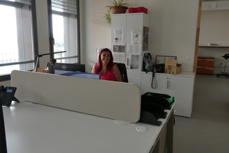 Femme souriante à son bureau - Agrandir l'image (fenêtre modale)