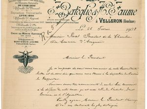 Courrier sur papier à en-tête de l'entreprise Bertoglio et Jaume, Velleron, 1908 (AD Vaucluse 1 J 905)