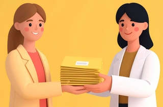 Illustration d'une remise de documents entre deux personnages féminins