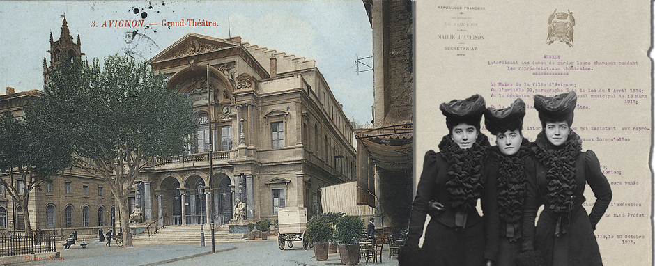 Phomontage montrant au premier lieu 3 femmes chapeautées ; à gauche, carte postale d'un théâtre ; à droite, un document d'archives - Agrandir l'image (fenêtre modale)