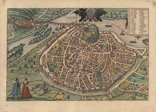 Gravure ancienne aquarellée figurant la ville d'Avignon - Agrandir l'image (fenêtre modale)