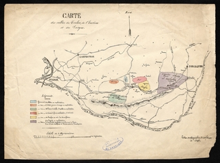 Carte des vallées du Coulon, de l'Encrème et du Largue, avec mention des gisements d'ocre, de plâtre, de fer, de soufre, de schistes et asphaltes, et les carrières de pierre de taille, début XXe siècle (AD Vaucluse 2 Fi Coulon 1) - Agrandir l'image (fenêtre modale)