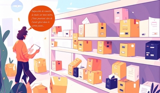 Illustration d'une femme devant des étagères remplies de cartons - Agrandir l'image (fenêtre modale)
