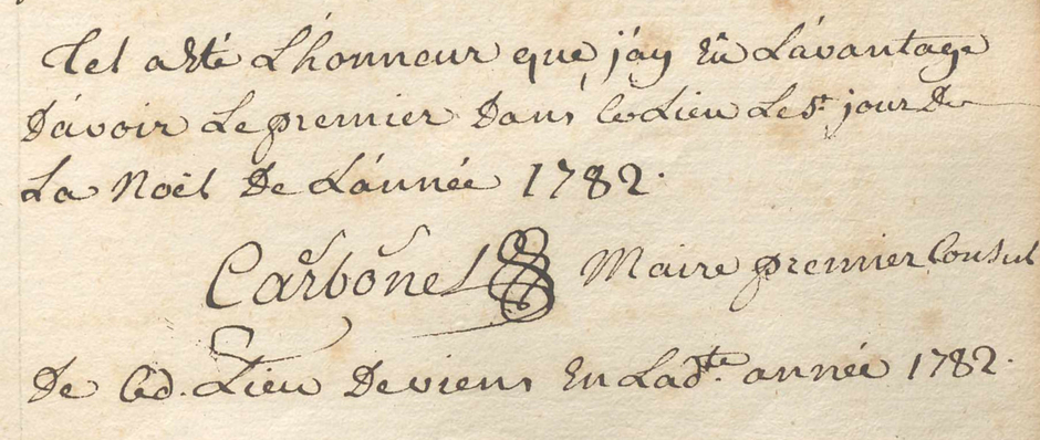 Détail d'une page du livre de raison de Jacques Carbonel sur laquelle figure sa signature