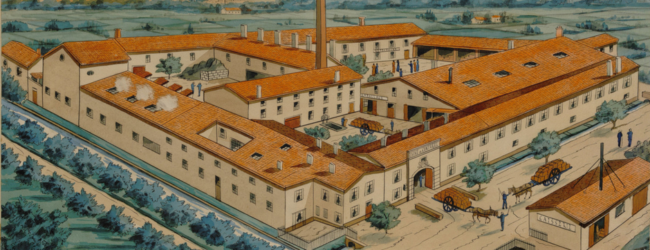 Détail d'une vue aérienne illustrée des bâtiments de l'usine de réglisses Florent - Agrandir l'image (fenêtre modale)