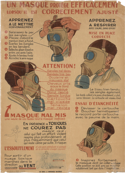 Affiche illustrée sur l’utilisation des masques à gaz en cas de bombardement - Agrandir l'image (fenêtre modale)