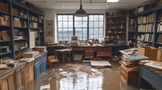 Dégâts sur les documents dans un bureau inondé, le mobilier est dans l'eau, des papiers flottent - Agrandir l'image (fenêtre modale)