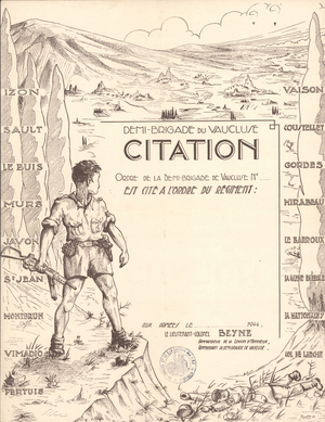 Diplôme illustré figurant un jeune résistant fusil à la main, deux colonnes de noms de communes du maquis Ventoux de part et d'autres de sa silhouette