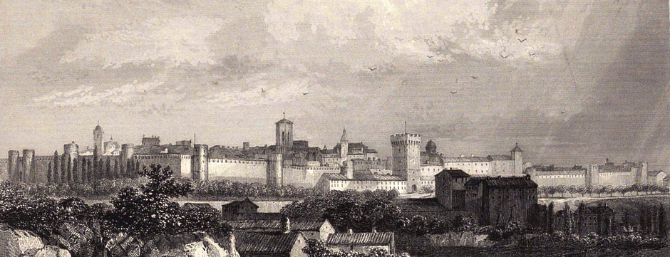 Lithographie du XIX en noir et blanc représentant une vue éloignée de Carpentras et sa ceinture de remparts.